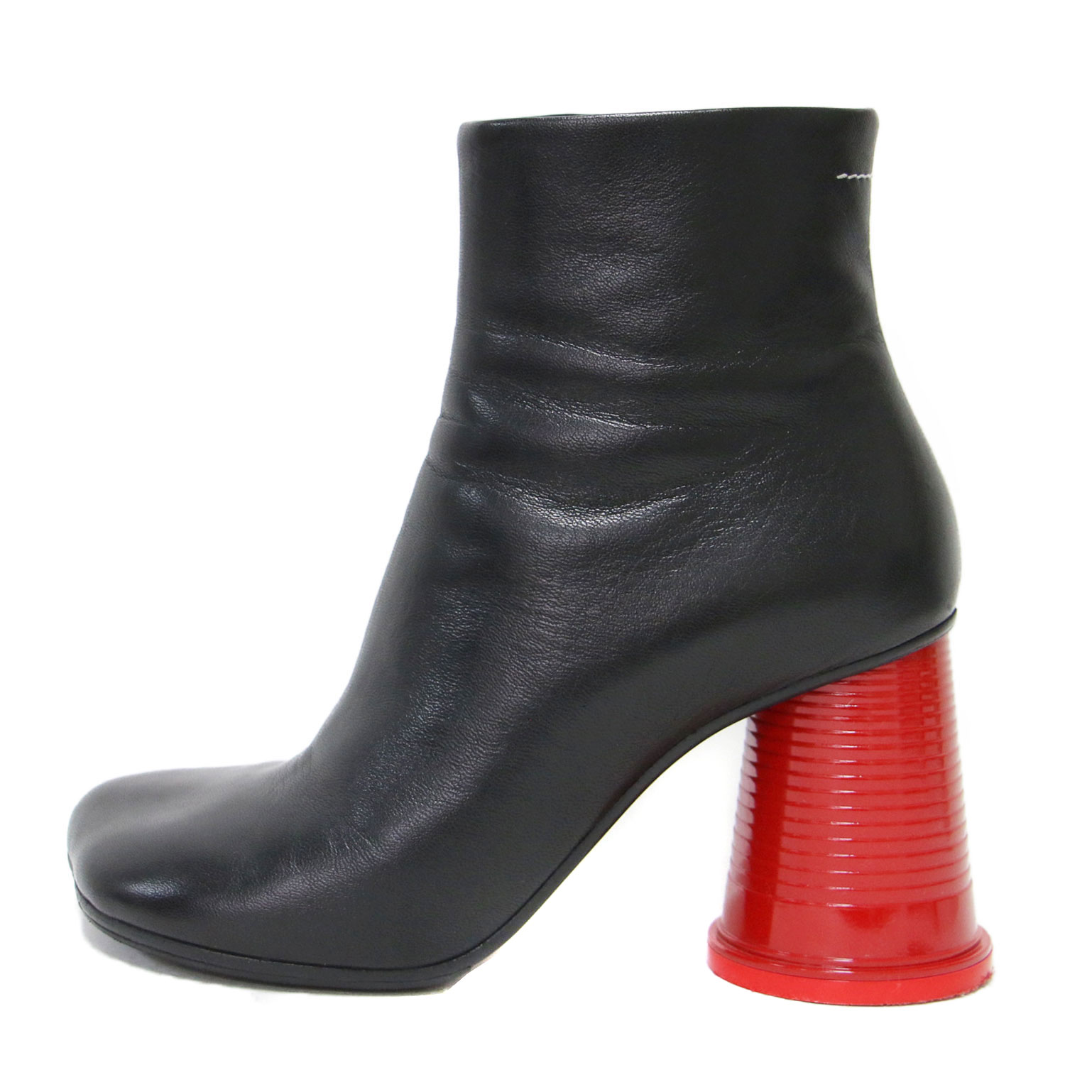 彈力 - MM6 Maison Margiela メゾンマルジェラ サイズ:37(24.0cm) | カップヒール アンクル ブーツ / ショートブーツ | スクエアトゥ レザー | ブラック 黒 | ブランド シューズ 靴 | イタリア製【レディース】【中古】【K4785】