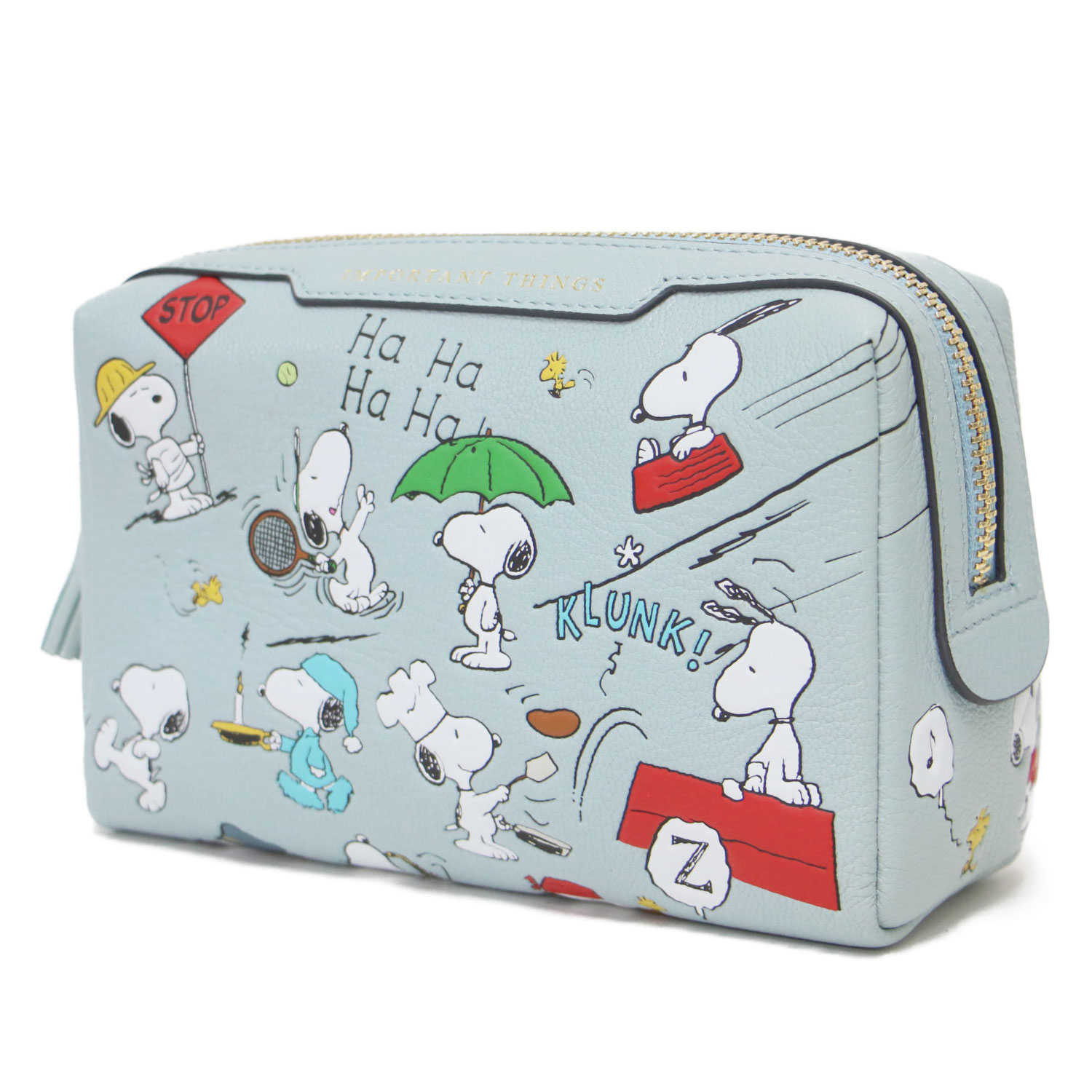 ANYA HINDMARCH アニヤ ハインドマーチ × PEANUTS バッグ ブルー | 25春夏 スヌーピー プリント レザーポーチ / 小物入れ コスメポーチ 化粧ポーチ | スクエア フリンジ | ブランド コラボ カバン【レディース】【中古】【K4806】
