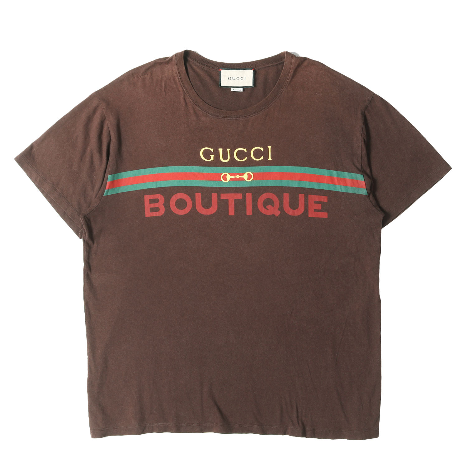 gucci///////////////\\\\\\\\\\\\\\\\\\\\\\\\\\\\\\\' - GUCCI グッチ Tシャツ ブラウン サイズ:L | BOUTIQUEロゴ ウェブライン Tシャツ | トップス カットソー 半袖 | イタリア製【メンズ】【中古】【K4808】