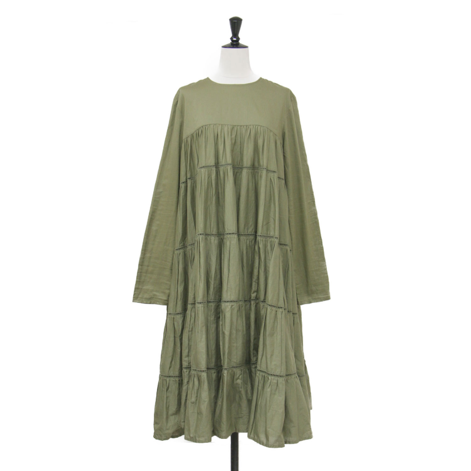 Merlette マーレット ワンピース カーキ サイズ:XS | 23秋冬 エッサオーイラ コットン ティアード ロングスリーブ ワンピース / ESSAOUIRA 長袖 クルーネック フレア ギャザー レース | トップス ドレス
