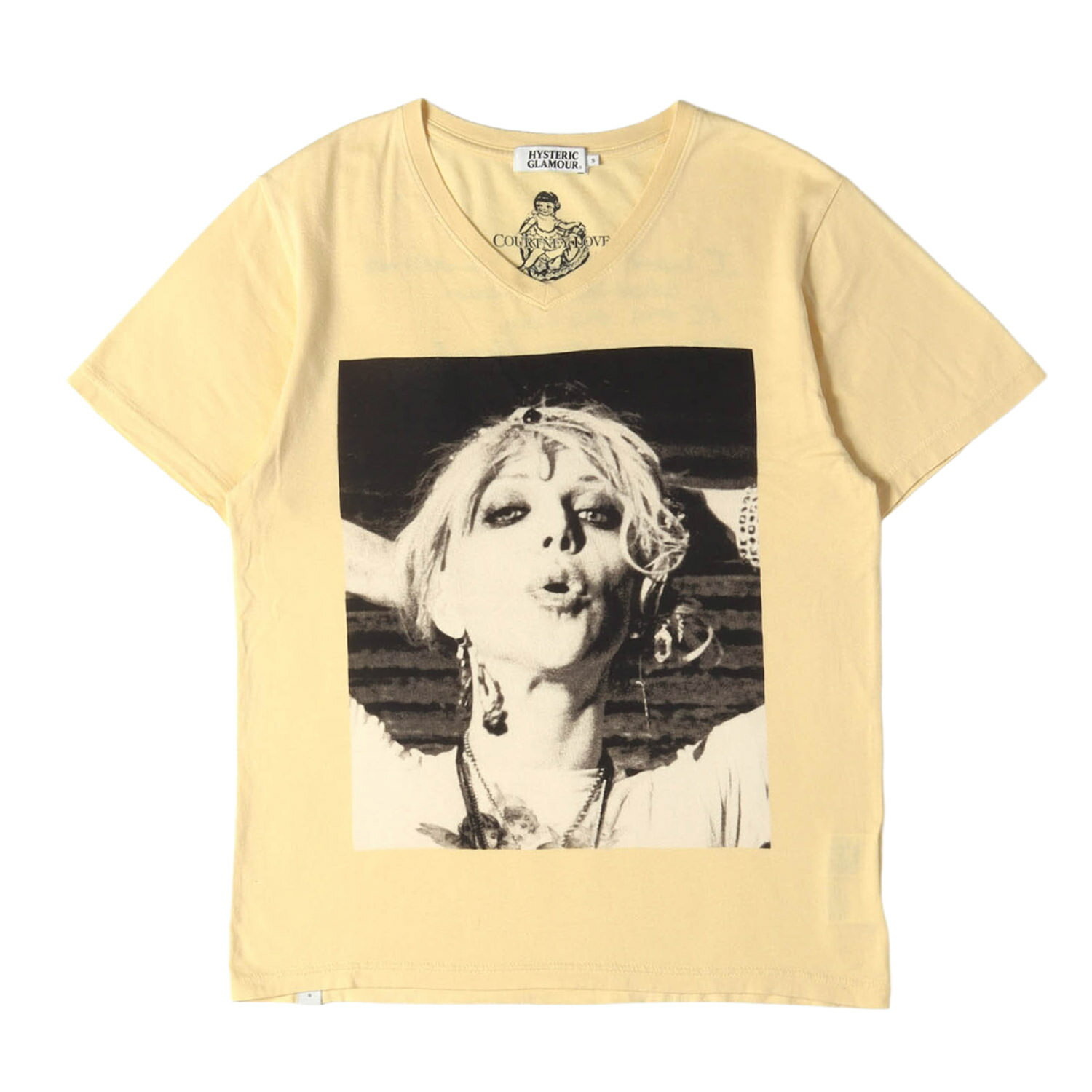 HYSTERIC GLAMOUR ヒステリックグラマー Tシャツ イエロー サイズ:S | COURTNEY LOVE フォトグラフィック Vネック Tシャツ | 日本製 | トップス カットソー 半袖【メンズ】【中古】【K4858】