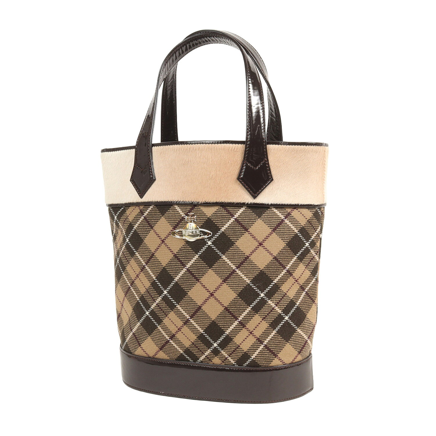 乐天商城 - vivienne westwood ヴィヴィアン ウエストウッド バッグ オーブ ハラコ チェック バケット ハンドバッグ MADE IN JAPAN ブラウン系 ブランド カバン【メンズ】【中古】【K4854】