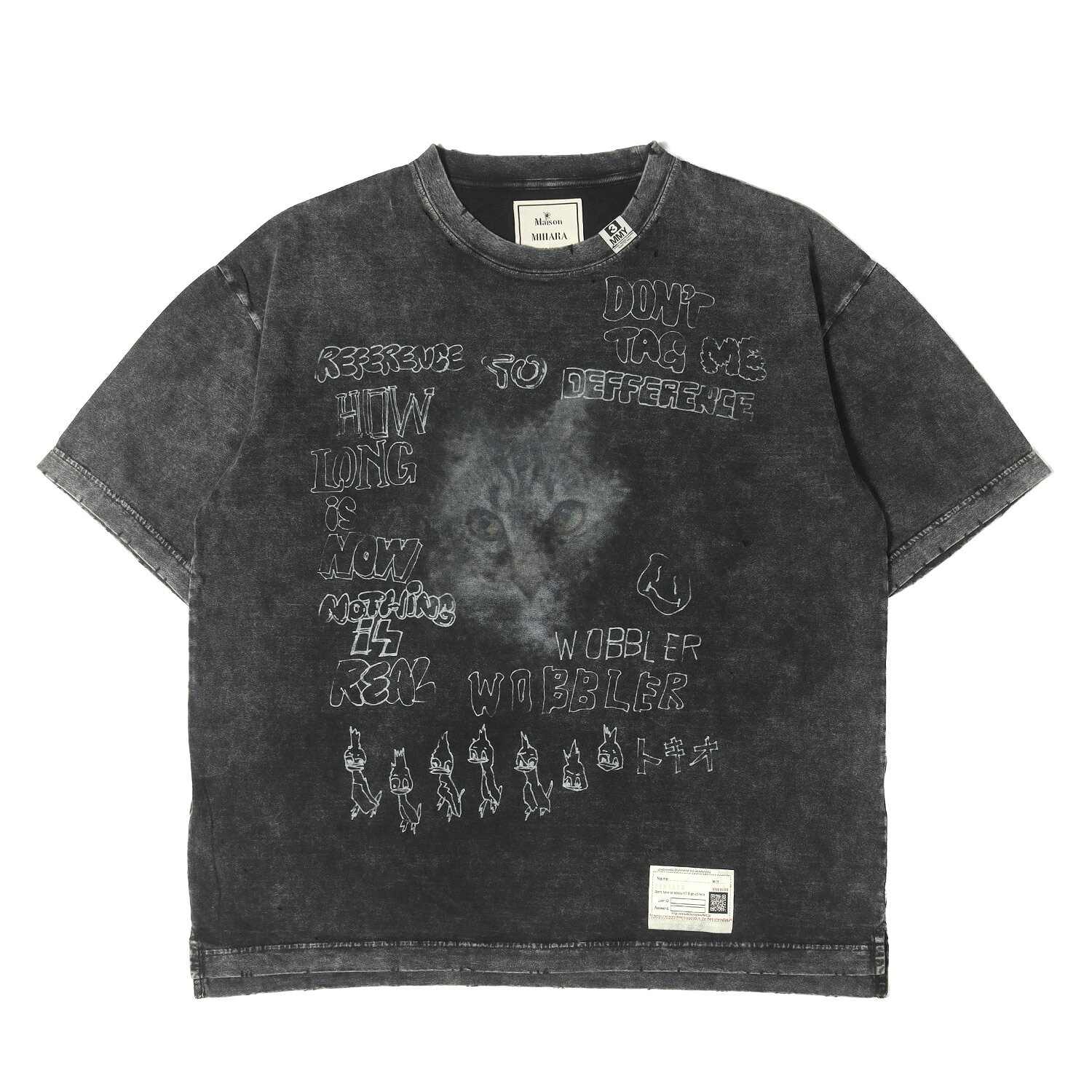 MIHARA YASUHIRO ミハラヤスヒロ Tシャツ ブラック 黒 サイズ:44 24AW ダメージ加工 キャット Tシャツ Distressed Cat Print T-shirt トップス カットソー 半袖 日本製
