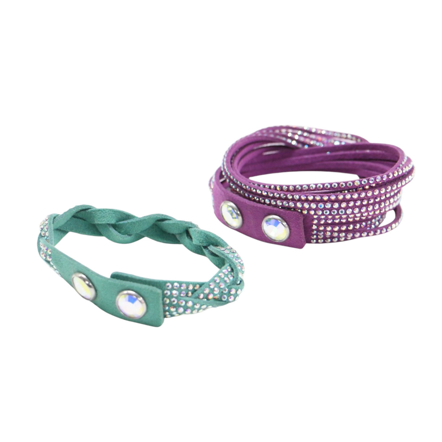 SWAROVSKI スワロフスキー ブレスレット二本セット 編み込み 2連 ラインストーン スナップボタン スエード グリーン パープル サイズ:FREE ブランド ファッション アイテム【レディース】【中古】【K4911】