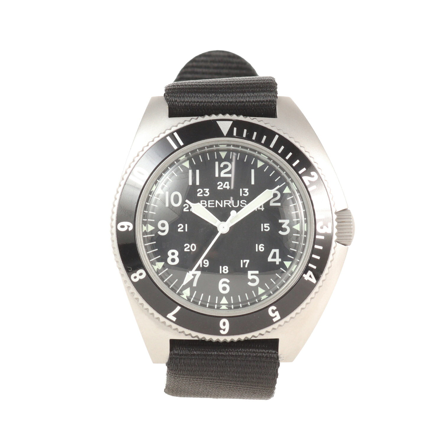 【美品】BENRUS ベンラス 1970年代復刻 米軍 特殊部隊モデル ミリタリーウォッチ 腕時計 TYPE2-SL SILVER COMBAT BLACK ブラック シルバー ブランド ファッション アイテム【メンズ】【中古】【K4884】