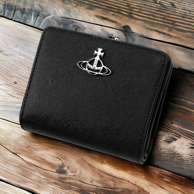 M - Vivienne Westwood ヴィヴィアンウエストウッド 財布 レディース ブランド 二つ折り財布 コンパクト がま口 小銭入れ メンズ サフィアーノ 51010020 L001N N402 ブラック 誕生日プレゼント 女性 ギフト プレゼント 実用的