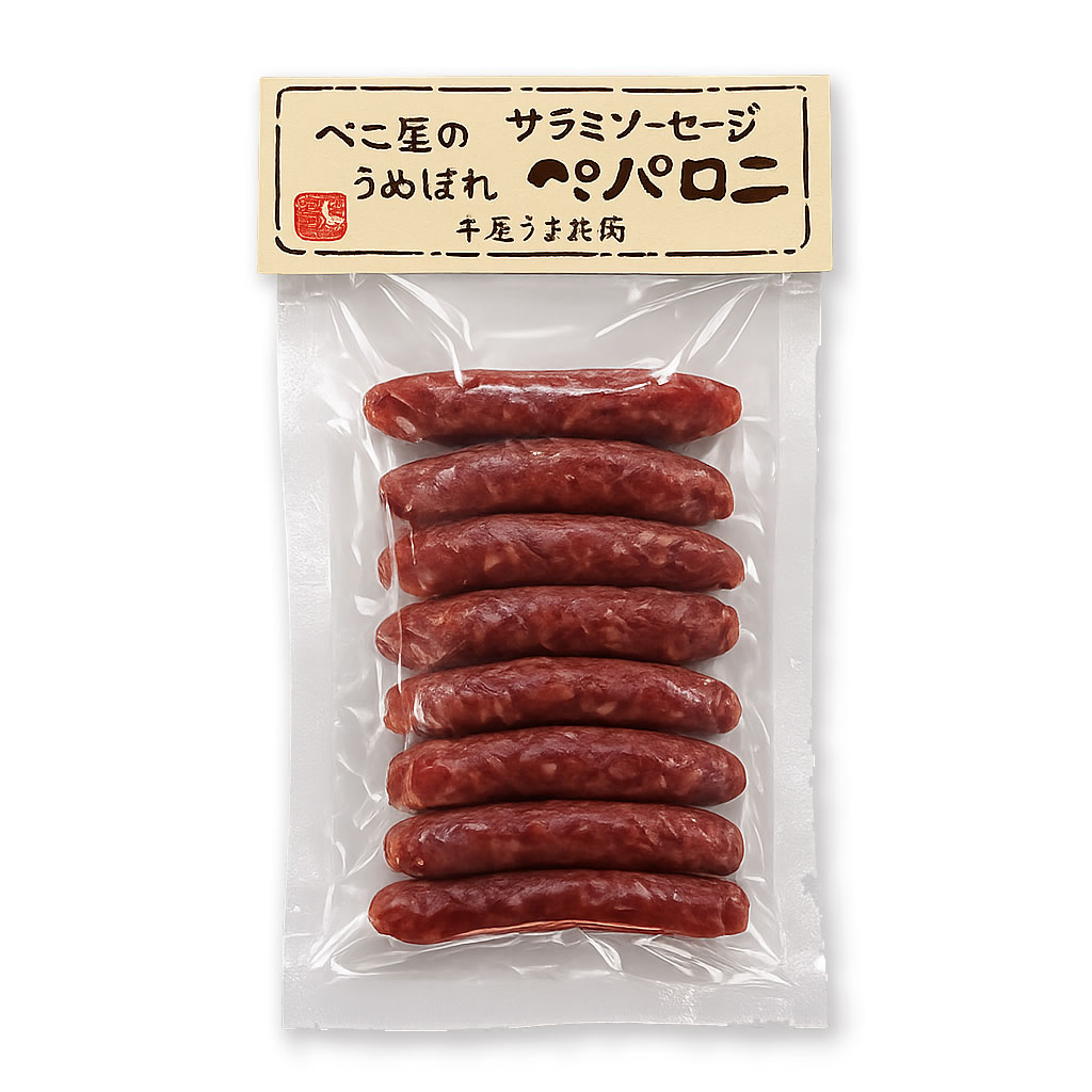 豚肉と牛肉を絶妙なバランスでブレンドした、肉の旨みを存分に楽しめるサラミソーセージです。 噛み応えのある食感とジューシーな肉感が特徴で、一口食べるごとに豚肉の甘みと牛肉のコクが口いっぱいに広がります。臭みが少なく食べやすいため、お酒のおつまみにはもちろん、小腹が空いた時のおやつにもおすすめです。 ビールとの相性は抜群で、ワインやハイボールとも好相性。シンプルながら飽きのこない味わいで、ついもう一本と手が伸びる美味しさです。 ご家庭での晩酌やホームパーティーなど、さまざまなシーンでお楽しみください。 名称 乾燥食肉商品（豚・牛サラミ） 原材料名 畜肉（豚肉・牛肉）、豚脂肪、粗ゼラチン、粉末水あめ、香辛料、食塩/、PH調整剤、調味料（アミノ酸等）、リン酸塩（Na）、酸化防止剤（ビタミンC）、発色剤（亜硝酸Na、硝酸K）、（一部に牛肉・豚肉・ゼラチンを含む） 保存方法 直射日光および高温多湿を避けて常温で保存してください。 豚肉と牛肉の配合バランスがベストマッチのペパロニサラミです。 特に黒ビールとの相性が良く、漆黒のビールのお供にぜひオススメします。