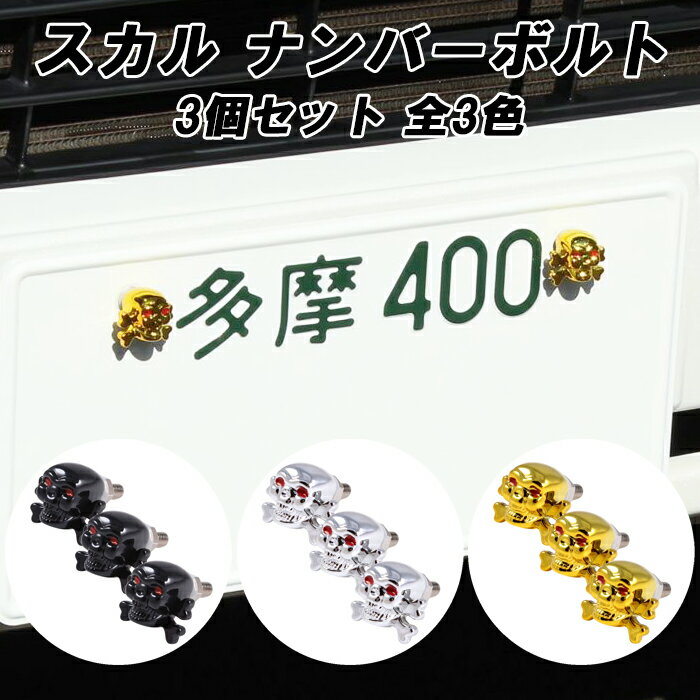 ナンバー ボルト 骸骨 3個セット キャップ ドクロ スカル バイク 車 トラック 軽トラ オートバイ ネジ ねじ 汎用 おしゃれ ハーレー アメ車 アメリカン アクセサリー カスタム パーツ ドレスアップ 外装