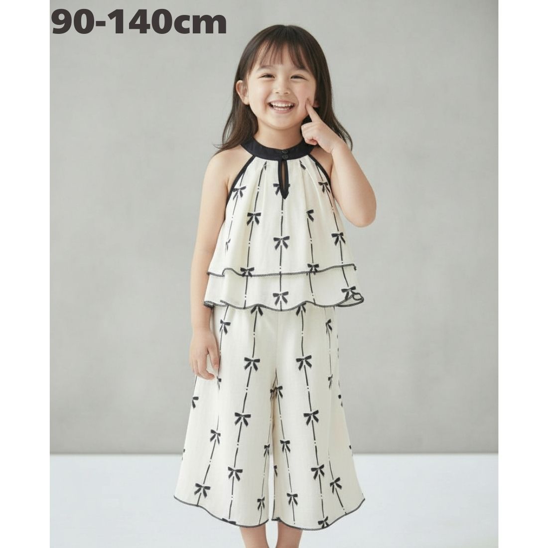 リボン柄 2点 セットアップ アメリカンスリーブ ワイドパンツ 上下セット キッズ ベビー服 女の子 ガールズ 薄手 春 夏 韓国子供服 90cm 100cm 110cm 120cm 130cm 140cm