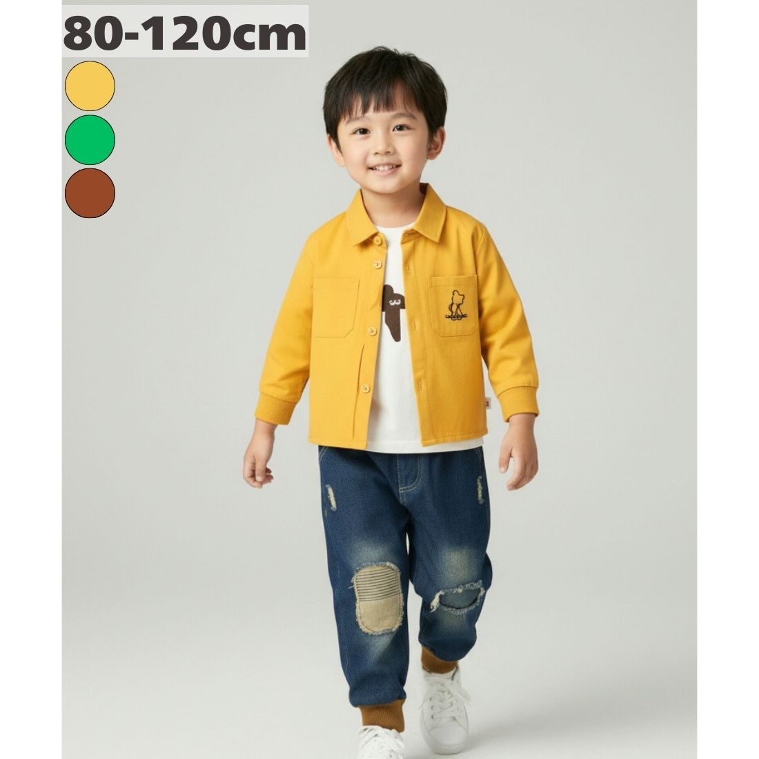 Rakuten - くま柄 3点 セットアップ 襟付き 長袖シャツ ロンT デニムパンツ 上下セット キッズ ベビー服 男の子 ボーイズ 春 秋 かわいい 韓国子供服 80cm 90cm 100cm 110cm 120cm
