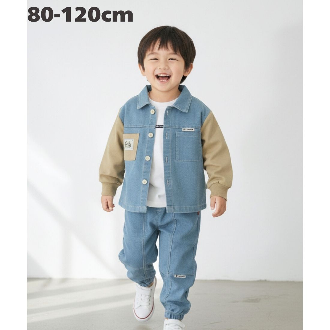 Rakuten - デニム 3点 セットアップ 襟付き 長袖シャツ ロンT デニムパンツ ジョガー 上下セット キッズ ベビー服 男の子 ボーイズ 春 秋 韓国子供服 80cm 90cm 100cm 110cm 120cm
