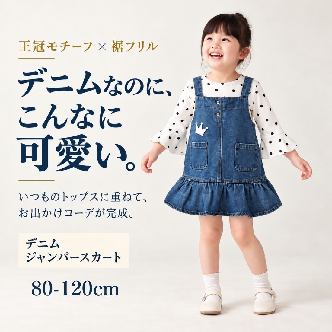 ワンピース Aライン チュニック ジャンパースカート ノースリーブ 袖なし ひざ上丈 無地 デニム ワンポイント キッズ…