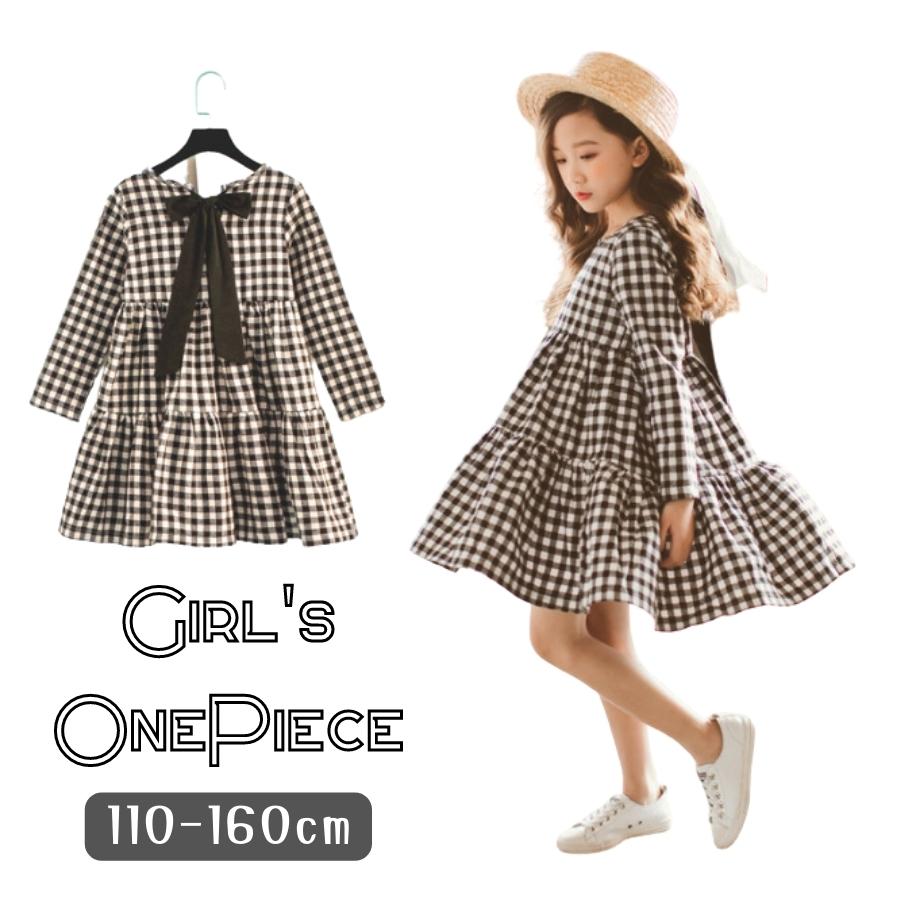 送料無料 ビッグリボンチェック柄ワンピース Aライン ショート丈 ひざ丈 キッズ ジュニア 女の子 韓国子供服 100cm 110cm 120cm 130cm ...