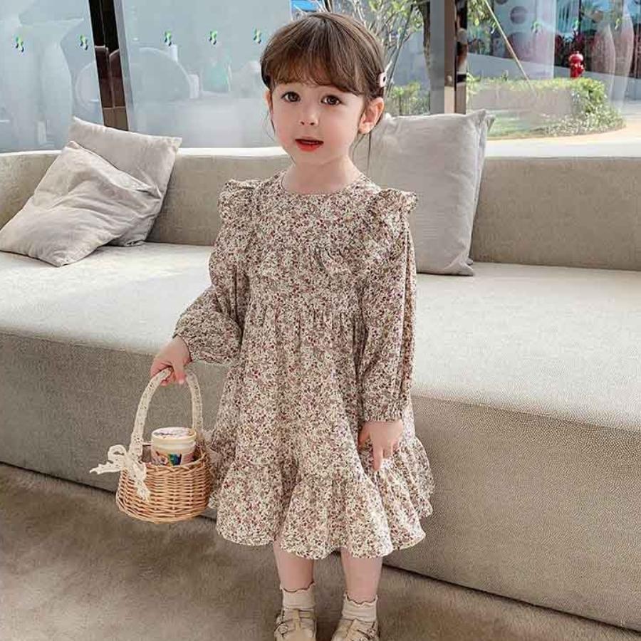 送料無料 花柄 長袖 ワンピース ふんわり ゆったり 春 秋 韓国子供服 女の子 ガー...