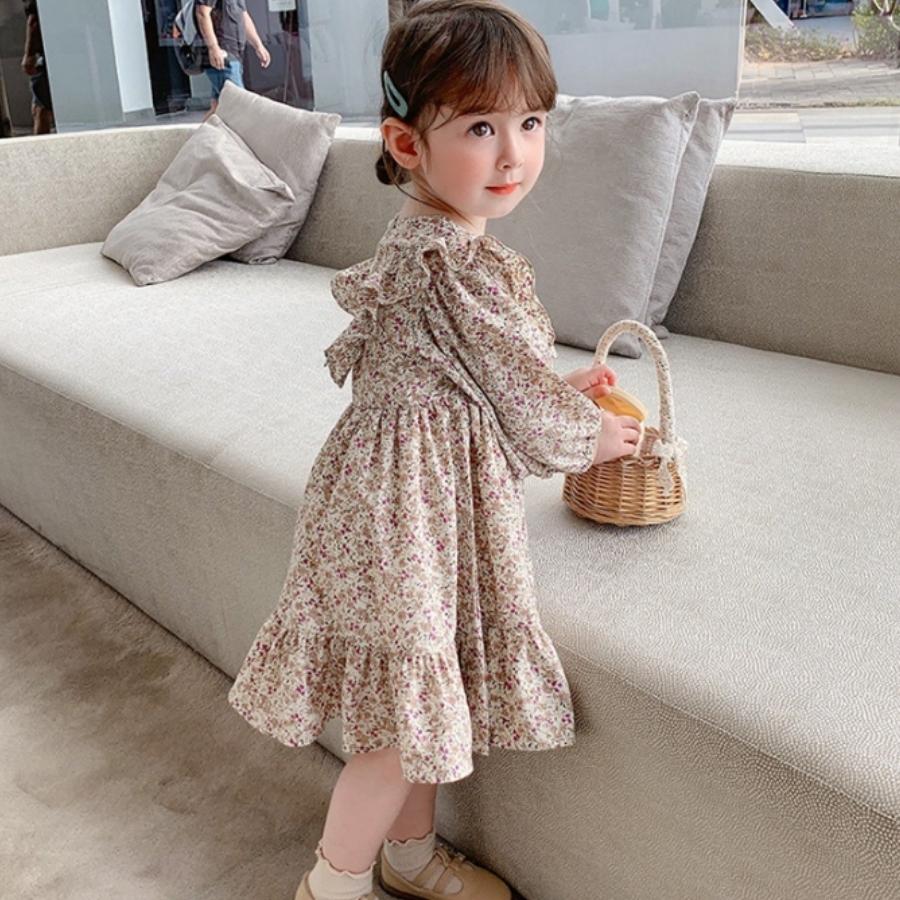 送料無料 花柄 長袖 ワンピース ふんわり ゆったり 春 秋 韓国子供服 女の子 ガー...