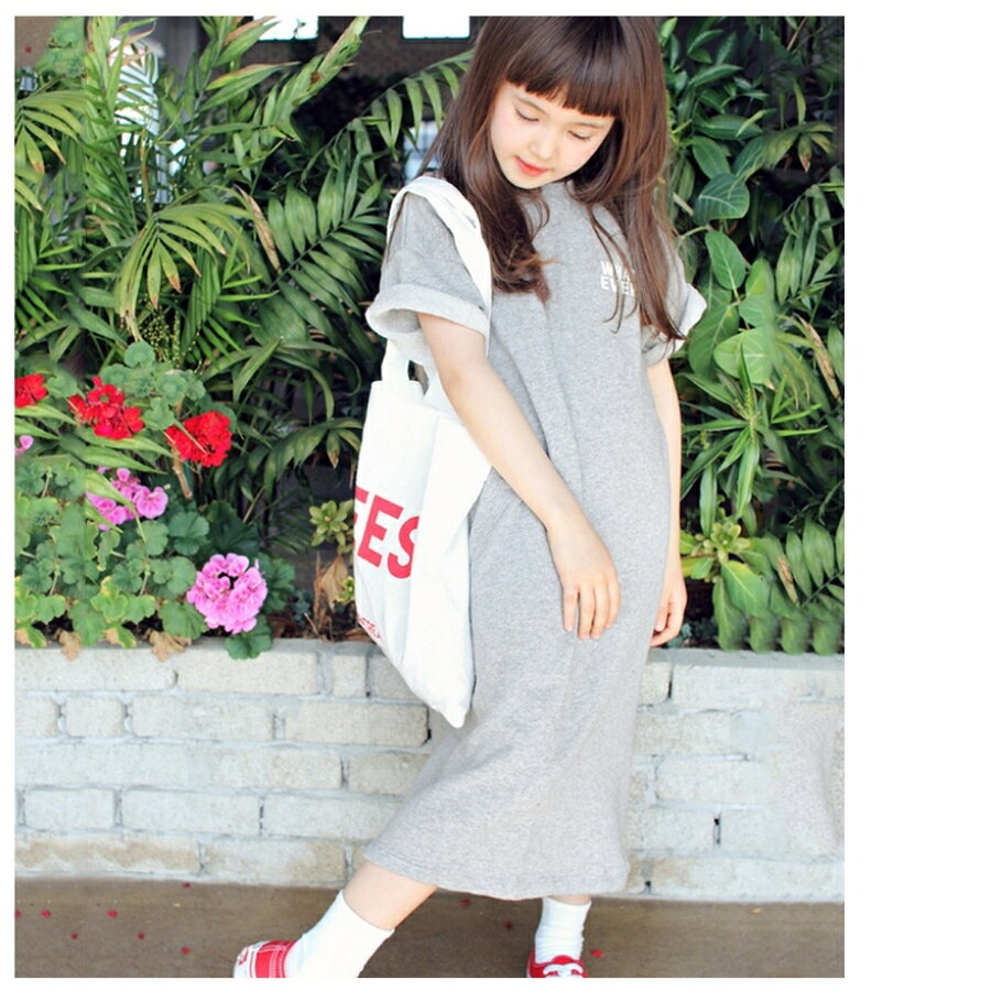 送料無料 Tシャツ ワンピース キッズ ロング丈 半袖 女の子 子供用 ホワイト グレ...