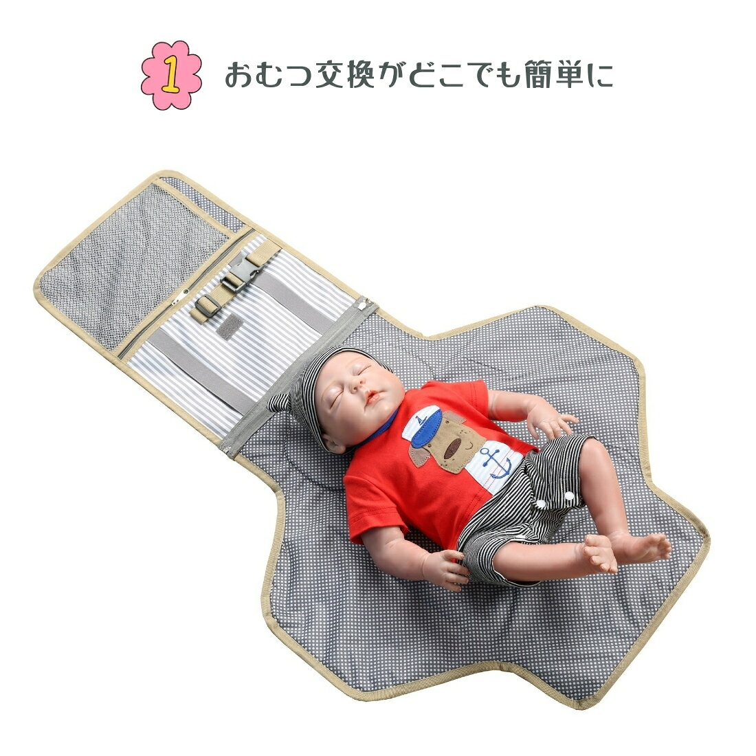 【スーパーSALE特価★10%OFF】おむつ替えシート ポーチ 折りたたみ 携帯用 ベビー 旅行 お出かけ 便利 コンパクト 防水 クッション付き バッグ型 おしゃれ 収納ポケット付き 新生児 赤ちゃん おむつ交換シート befive-10000409 子供服専門BeFive ビファイブ サンプル画像2