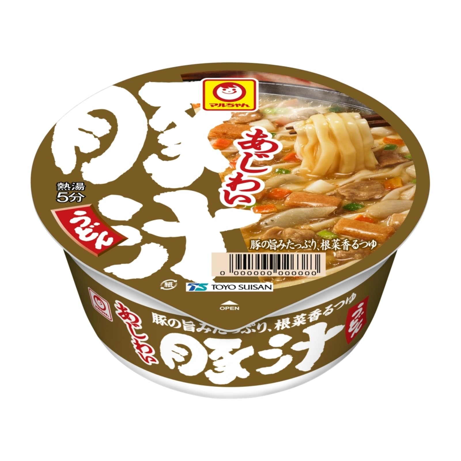 【寒い季節にぴったりの豚汁うどん】コシと弾力のある、なめらかな太めのうどんと、温かみあふれる豚汁を合わせた豚汁うどん。ポークエキスをベースに、赤・白の合わせ味噌に生姜を利かせたコクのあるつゆがうどんに絡み、味わい深く満足度の高い一杯です。【6種類の具材と豚肉の旨味たっぷり】味付豚肉、きざみ揚げ、じゃがいも、にんじん、ねぎ、ささがきごぼうの6種の具材に、豚の旨みに生姜を利かせ、複数の味噌で仕上げたコクのあるつゆがおいしい豚汁うどん。身体も心も温かくなる寒い季節にぴったりのおうどんです。【生姜を利かせたコクのあるスープ】6種類の具材と、豚の旨みに生姜を利かせ、赤・白の合わせ味噌で仕上げたコクのあるつゆがおいしい豚汁うどん。寒い時期にぴったりの豚汁にうどんを合わせたカップうどんです。【手軽に食べられるカップうどん】お湯を注いで5分待つだけで、手軽に美味しいうどんをお召し上がり頂けます。忙しい日々や、小腹がすいた時にも簡単調理で便利です。12食入りでいつでも食べられる常備食に推薦です。【商品詳細】内容量:109g×12個 / 原材料:油揚げめん(小麦粉(国内製造)、植物油脂、でん粉、食塩、植物性たん白、乾燥酵母、卵白)、添付調味料(みそ、ポークエキス、しょうゆ、豚脂、植物油、野菜エキス、砂糖、香辛料、魚介エキス、酵母エキス、食塩、香味油脂、乳糖)、かやく(味付豚肉、味付油揚げ、ポテト、にんじん、ねぎ、ごぼう)/加工でん粉、調味料(アミノ酸等)、酒精、リン酸塩(Na)、炭酸カルシウム、カラメル色素、酸化防止剤(ビタミンC、ビタミンE)、増粘多糖類、レシチン、香料、ビタミンB2、ビタミンB1、(一部に小麦・卵・乳成分・ごま・さば・大豆・鶏肉・豚肉・ゼラチンを含む)/ メーカ名:東洋水産株式会社商品紹介 寒い時期にぴったりの豚汁にうどんを合わせたメニュー提案型カップうどん。コシと弾力のある、なめらかな太めのうどん。麺重量70g。5分戻し。ポークエキスをベースに、赤・白の米みそと麦みそを合わせた、生姜を利かせたコクのあるスープ。味付豚肉、きざみ揚げ、じゃがいも、にんじん、ねぎ、ささがきごぼう。赤いきつね・緑のたぬきのデザインを踏襲し、和風カップ麺のメインブランドとしての王道感と安心感をだしつつ、訴求ポイントを伝えるデザイン。6種類の具材と、豚の旨みに生姜を利かせ、複数の味噌で仕上げたコクのあるつゆがおいしい豚汁うどん。 原材料・成分 油揚げめん（小麦粉（国内製造）、植物油脂、でん粉、食塩、植物性たん白、乾燥酵母、卵白）、添付調味料（みそ、ポークエキス、しょうゆ、豚脂、植物油、野菜エキス、砂糖、香辛料、魚介エキス、酵母エキス、食塩、香味油脂、乳糖）、かやく（味付豚肉、味付油揚げ、ポテト、にんじん、ねぎ、ごぼう）／加工でん粉、調味料（アミノ酸等）、酒精、リン酸塩（Na）、炭酸カルシウム、カラメル色素、酸化防止剤（ビタミンC、ビタミンE）、増粘多糖類、レシチン、香料、ビタミンB2、ビタミンB1、（一部に小麦・卵・乳成分・ごま・さば・大豆・鶏肉・豚肉・ゼラチンを含む）