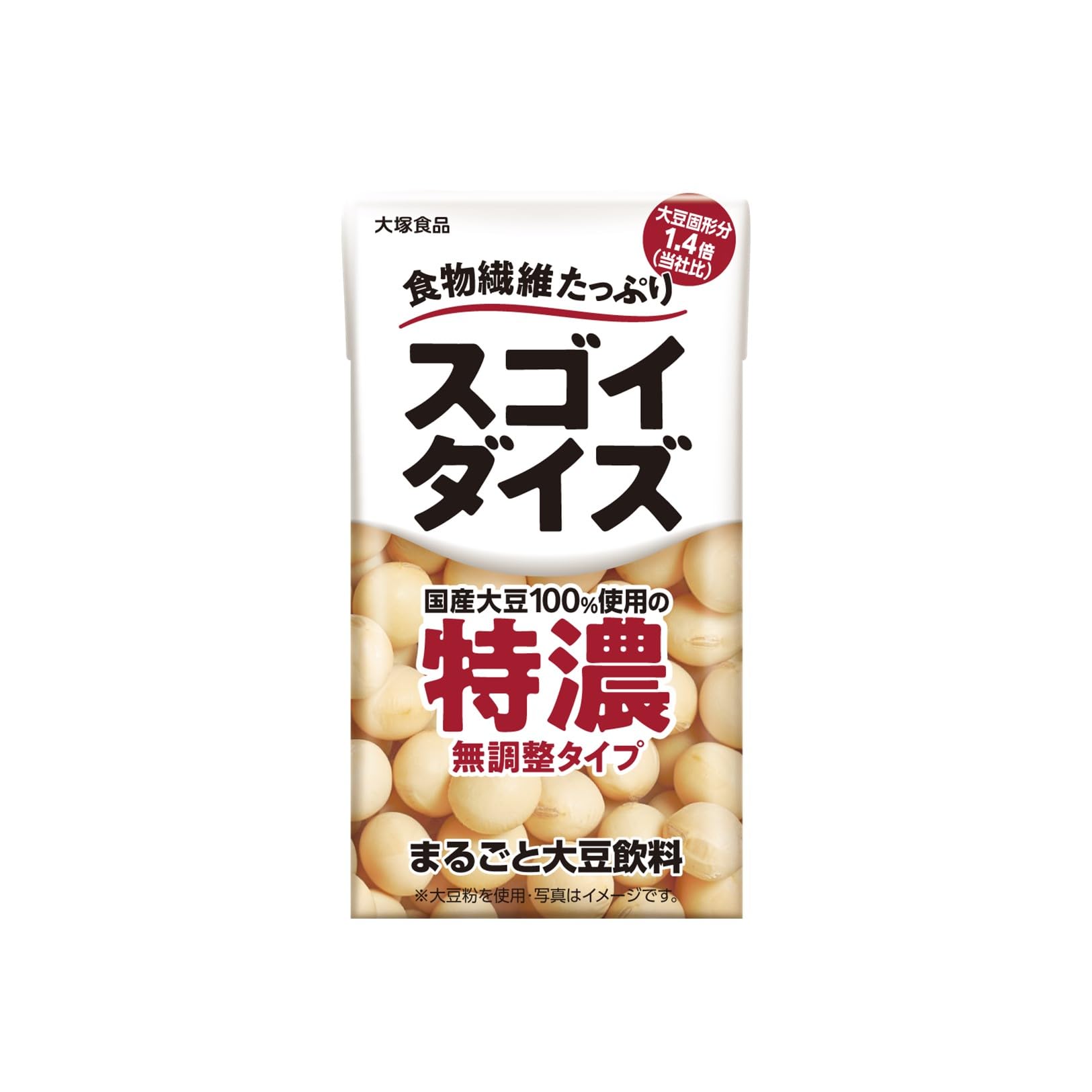 “おから”の部分まで使用した【まるごと大豆飲料】商品紹介 スゴイダイズ　無調整タイプ特濃　125ml スゴイダイズは、まるごと大豆飲料。食物繊維たっぷり。大豆固形分14％の無調整タイプ特濃。 1.食物繊維たっぷり 　　1本125ml当たり3.3g。 　　不足しがちな食生活を大豆まるごとで濃くサポート。 2.特濃！大豆固形分1.4倍 　　大豆固形分14％の特濃タイプで、無調整タイプ（10％）よりさらに濃厚な味わい。 3.国産大豆100％ 　　※大豆粉を使用（うす皮は除いています。） 原材料・成分 大豆粉（大豆（国産、分別生産流通管理済））