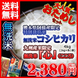 無洗米 送料無料 九州産 4kg当店ナンバーワン無洗米心＋阿蘇のコシヒカリ無洗米 4kg 送料無料 2キロ×2個