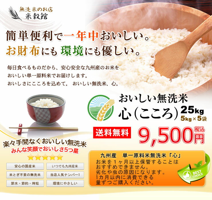 【まとめ買い価格】無洗米 25kg 送料無料無洗米「心」25kgご注文専用ページ九州産 米 5kg 5キロ 送料込み 令和3年産福岡県産元気つくし