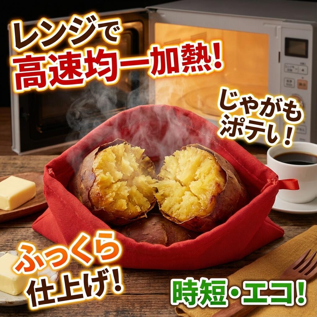 【電子レンジ調理バッグ】蒸気でふっくら さつまいもが甘く仕上がる 調理バッグ 電子レンジ 時短 焼きいもバッグ やきいも キッチン 保温 調理器具 調理用袋 レンジ用調理器具 調理簡単 繰り返し使用可能 焼芋 加熱 蒸し 蒸し調理 洗える エコ 水も油も不要、入れるだけ！