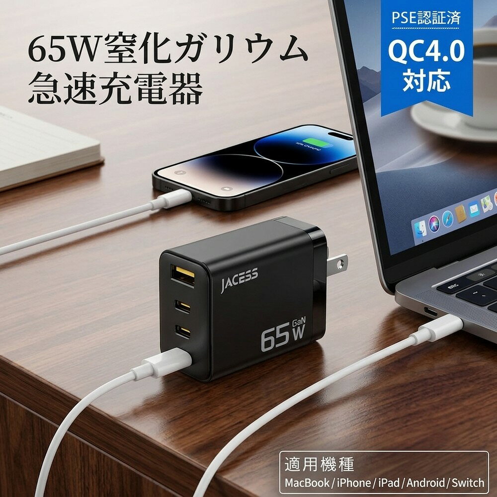 メーカー希望小売価格はメーカーサイトに基づいて掲載しています 【商品説明】 【長時間の充電にサヨナラ！65W急速充電・複数デバイス同時対応】 「充電が遅くて待ち時間が長い…」そんなお悩みを解決！Jacess 65W PD充電器は2025年最新アップグレード版。どのCポートからも最大65W出力可能で、MacBook Air 13は約1時間で満充電、従来USB充電器の約7倍のスピード。iPhone15 Plusならわずか30分で50%以上充電可能。充電時間を大幅に短縮し、驚くほど快適なスピードを体験できます。 【業界革新！2025年 最新GaNIV技術・世界最小クラス設計】 最新の窒化ガリウム（GaN IV）材料と3Dチップ積層技術を採用し、サイズはわずか 2.8 × 4 × 5.8 cm。Apple純正67W充電器と比べて66.3%小型化・61.1%軽量化・50%省エネを実現。Bluetoothイヤホンほどの大きさで、隣のコンセントを邪魔しません。折りたたみ式プラグで持ち運びも安心、重さわずか93.4g。出張や旅行に最適です。 【これ1台で4台同時充電】 MacBook、ノートPC、タブレット、スマートフォンなど複数のデバイスを同時に充電可能。コンセントの占有を減らし、デスク周りもスッキリ。複数端末を持つご家庭に最適な65W高速充電器です。 【安心・安全設計】 高品質Apple Piチップを内蔵し、毎秒2500万回の高速安全チェックを実行。電流を自動調整し、発熱を抑えて低温急速充電を実現。UL94-V0等級の難燃性PC素材を採用し、PSE認証・国際安全基準IEC62368-1に準拠。短絡保護・過電流保護・過電圧保護・過熱保護など10種類の安全保護機能を搭載。夜間も安心してお使いいただけます。 【幅広い互換性＆安心保証】 Windows PC、MacBook、iPad Pro/iPad mini、iPhone、Androidスマホ、Switch、AirPods、iWatch、扇風機など幅広く対応。AC100-240V対応で海外出張や旅行にも大活躍。Jacessは世界100か国で高品質充電器を提供しており、お客様の声を大切に、常に改善を続けています。