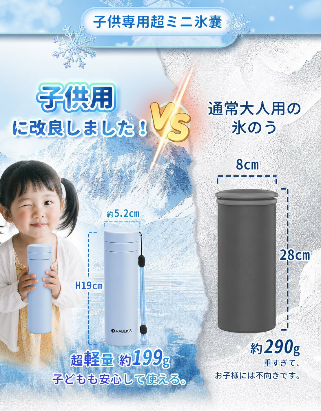 【子供用・瞬間冷却】氷のう 携帯氷のう 保冷瓶 アイス パック 首用 冷却 スティック 水筒型 ネッククーラー 超軽量 190g ストラップ付き ミニ氷嚢 スリム 通学 アイシング 冷たい 漏水防止 Max48H 持続冷感 クール パック 大容量 150ml 肌に優しい 冷却グッズ 保冷氷のう 2