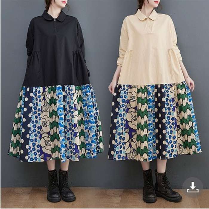 冬新作 予約商品 大きいサイズ レディース ワンピース ひざ丈 長袖 シャツワンピ ティアード 花柄 切替 フリーサイズ 大人 30代 40代 50代 冬服 202310