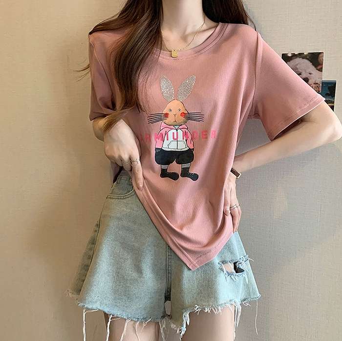 予約商品 大きいサイズ レディース トップス Tシャツ シャツ 半袖 イラストプリント ウサギ L LL 3L 4L 5L 大人カジュアル