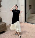 【7日まで!!ほぼ半額49%offクーポン対象】夏新作 予約商品 大きいサイズ レディース バイカラー配色切替 モノトーンロングワンピース 半袖 フレアティアードスカート 大人 30代 40代 50代 202407