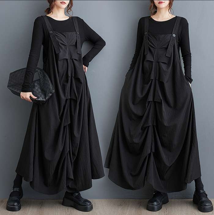 予約商品 ジャンパースカート ロング丈 無地 ノースリーブ ブラック ドレープ カジュアル 大きいサイズ..