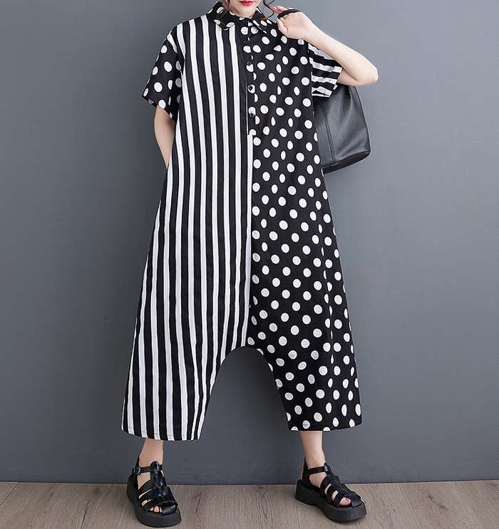 大きいサイズ専門店JUNGLE JALOPYの予約商品 大きいサイズ レディース ツナギ 半袖 ドット 水玉 ストライプ 切替 フリーサイズ 大人カジュアル｜アングル2