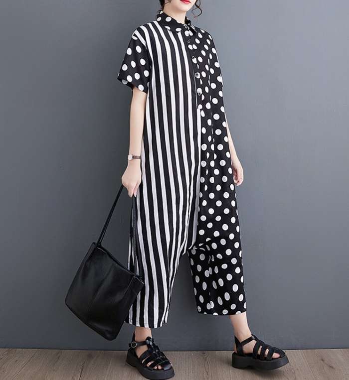 大きいサイズ専門店JUNGLE JALOPYの予約商品 大きいサイズ レディース ツナギ 半袖 ドット 水玉 ストライプ 切替 フリーサイズ 大人カジュアル｜アングル3