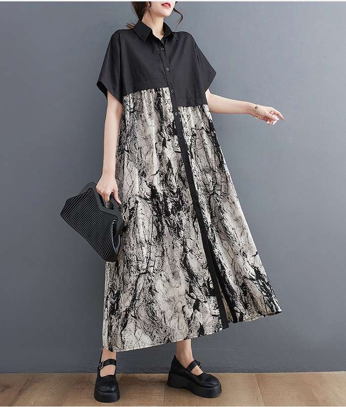 予約商品 大きいサイズ レディース ロング丈 シャツワンピース バイカラー 配色切替デザイン クラッキング柄 マキシワンピース 大人 30代 40代 50代