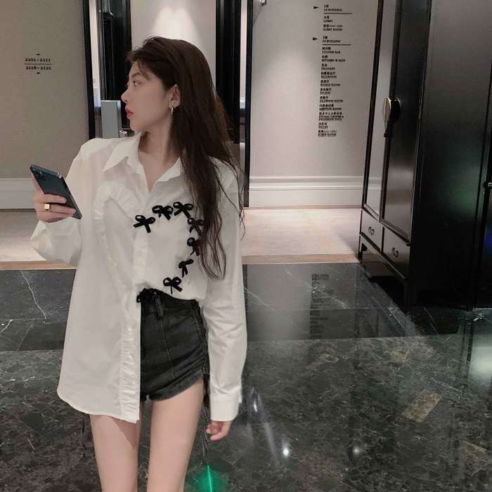 夏新作 予約商品 シャツ 長袖 リボン フリル デザイン トレンド ガーリー エレガント ホワイト 大きいサイズ レディース レディース 大人 30代 40代 50代 202411