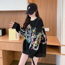 夏新作 予約商品 スウェット 長袖 ブラック カジュアル トップス プリント オーバーサイズ 大きいサイズ レディース レディース 大人 30代 40代 50代 202411(4)