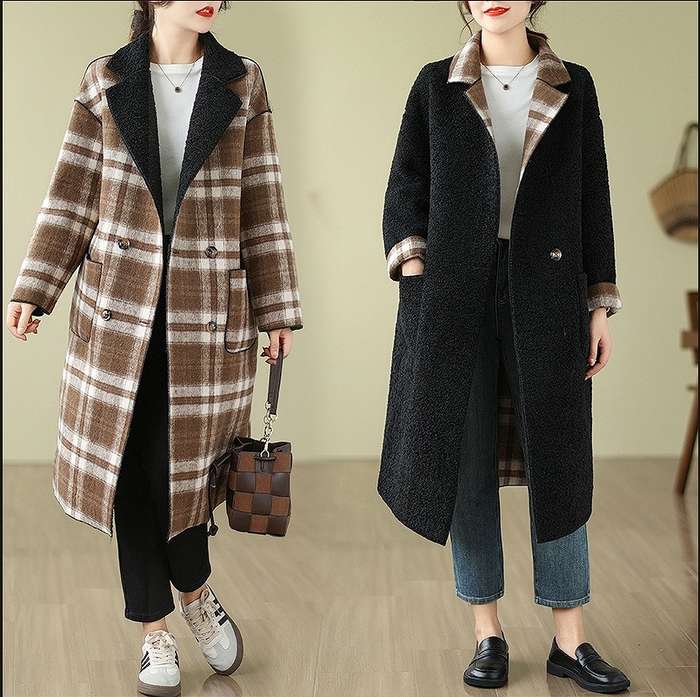 予約商品 チェスターコート 長袖 チェック柄 リバーシブル カジュアル ブラウン ブラック 大きいサイズ レディース レディース 大人 30代 40代 50代 202411