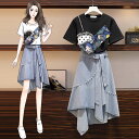 春新作 予約商品 大きいサイズ レディース ゆったり 個性 パール付き Tシャツ デニムスカート 2点セット レディース 大人 30代 40代 50代 冬服 202501