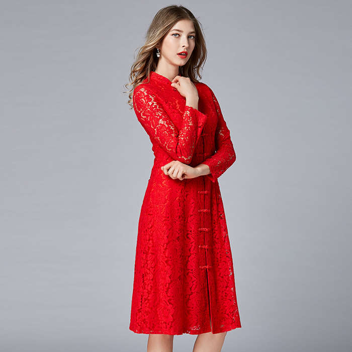 新作 予約商品 大きいサイズ レディース パーティー 結婚式 二次会 披露宴 チャイナ風ドレス 上品印象　花柄刺繍レースドレス レディース 大人 30代 40代 50代 202501