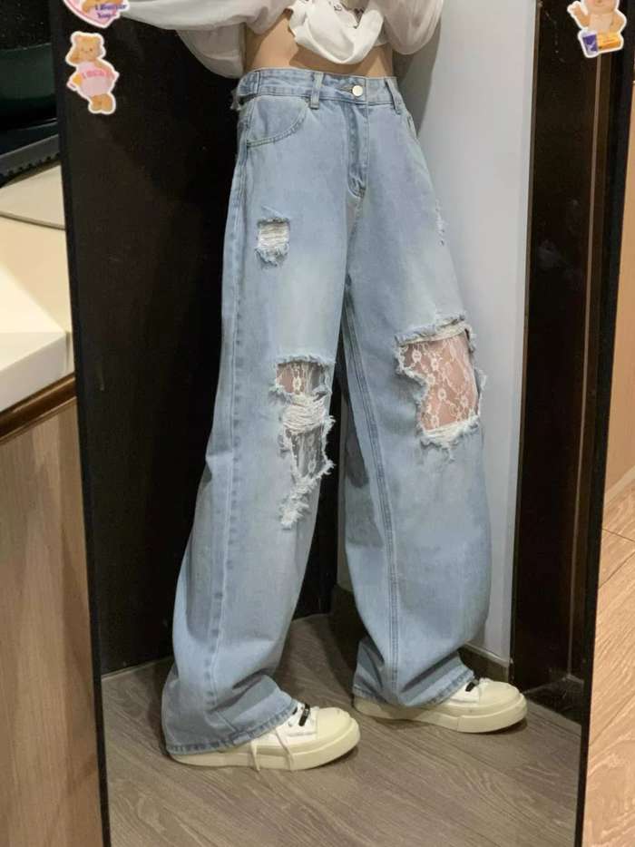 夏新作 予約商品 ダメージデニム レースワイドパンツ ストリート系 個性派 大きいサイズ レディース レディース 大人 30代 40代 50代 春服 2025春夏新作