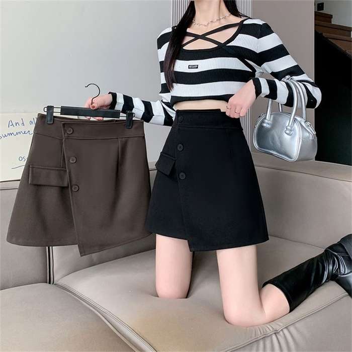 秋新作 予約商品 ラップ風 ミニスカート ボタンデザイン ブラック ブラウン おしゃれ 大きいサイズ レディース レディース 大人 30代 40代 50代 秋服 2025秋冬新作