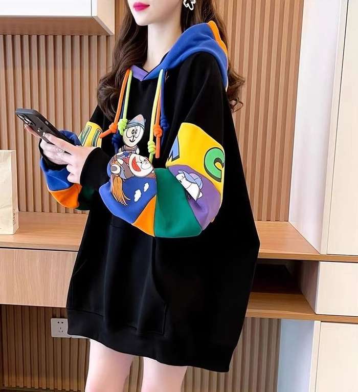 秋新作 予約商品 キャラクター プリント カラフル袖 パーカー 韓国風 カジュアル 大きいサイズ レディース レディース 大人 30代 40代 50代 秋服 2025秋冬新作
