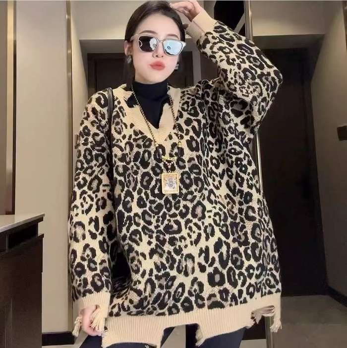 秋新作予約商品ニット長袖ヒョウ柄カ...