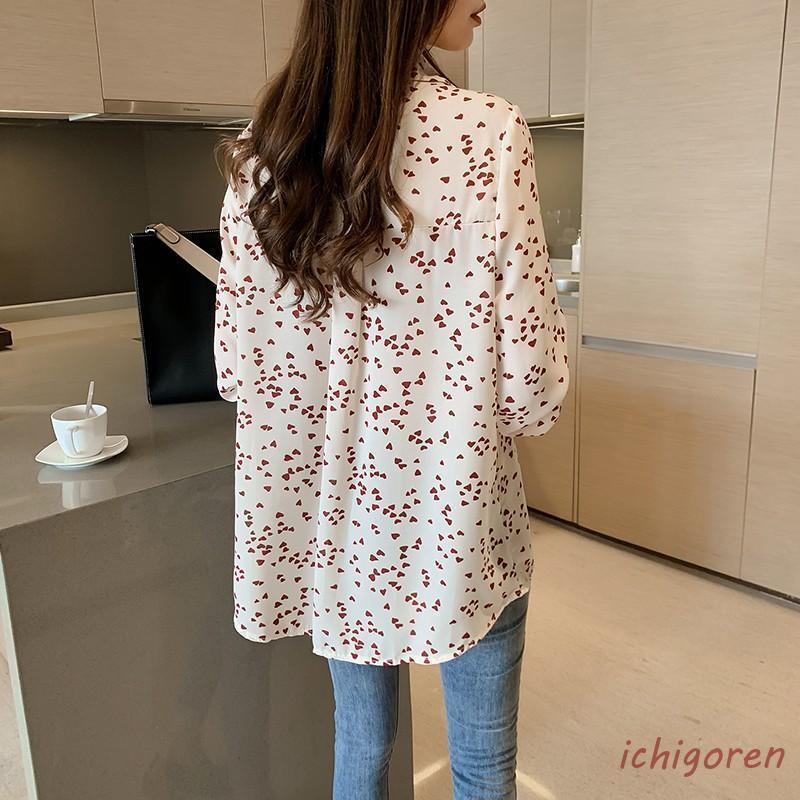シフォンブラウス レディースシャツ 涼感 薄手 長袖 羽織り 前開き トップス ゆったり 可愛い プリント ハート 夏冷房 シャツブラウス 20代30代 2023