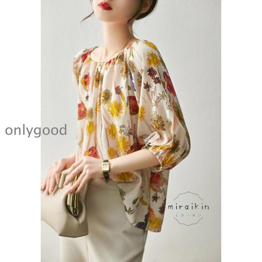 ブラウスレディーストップス七分袖花...