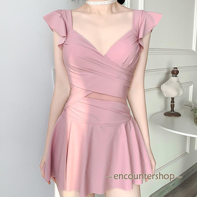 水着 ワンピース レディース フレア オールインワン Vネック シンプル カップ付き ワイヤー