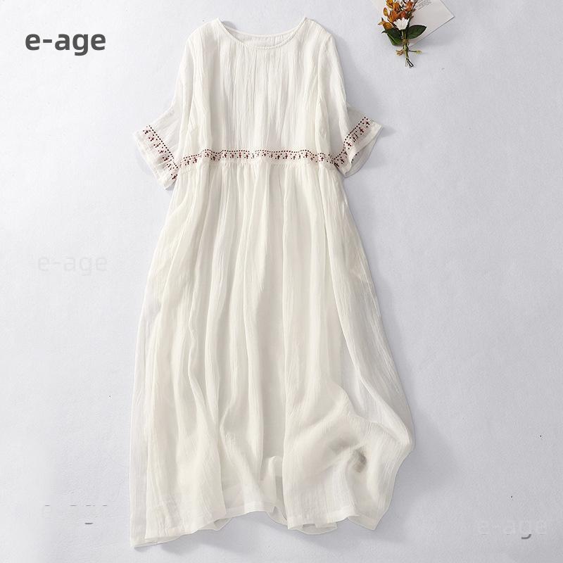 ワンピース レディース 刺繍 夏 リネンワンピース Aライン ロングワンピース 七分袖 シンプル 秋 春夏 綿麻 ゆったり 大きいサイズ
