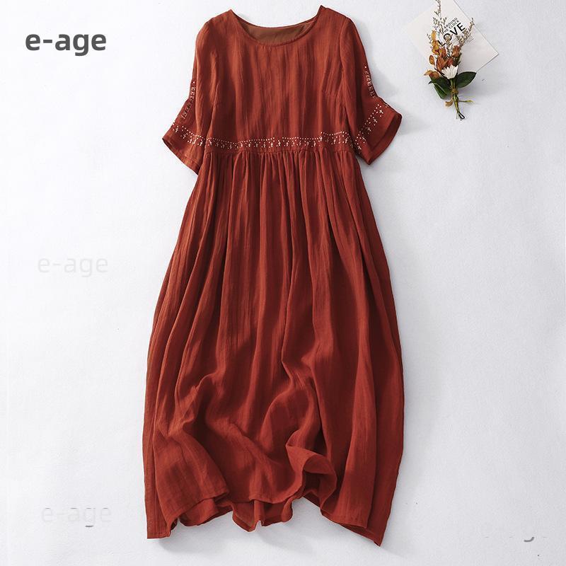 ワンピース レディース 刺繍 夏 リネンワンピース Aライン ロングワンピース 七分袖 シンプル 秋 春夏 綿麻 ゆったり 大きいサイズ