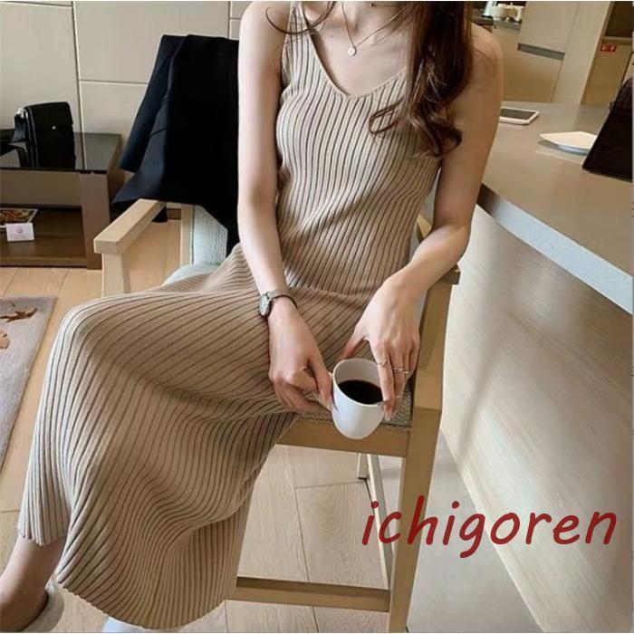 ワンピース ニットキャミソールワンピース レディース 春 夏 きれい vネック お洒落 サマーニット 重ね..